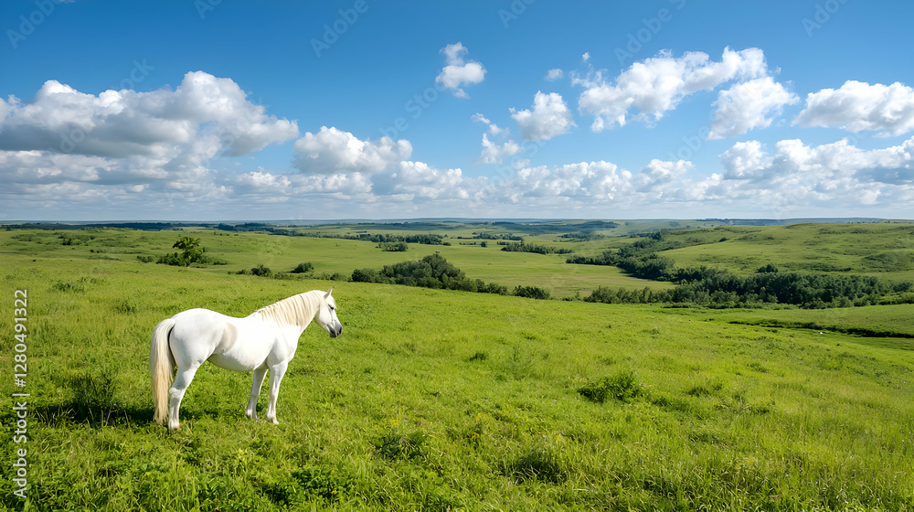 White horse grazing, scenic hillside pasture, summer day White horse grazing, scenic hillside pasture, summer day
