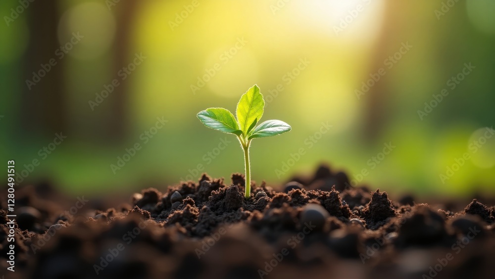 A hopeful seedling emerges from the earth, bathed in the golden sunlight A hopeful seedling emerges from the earth, bathed in the golden sunlight
