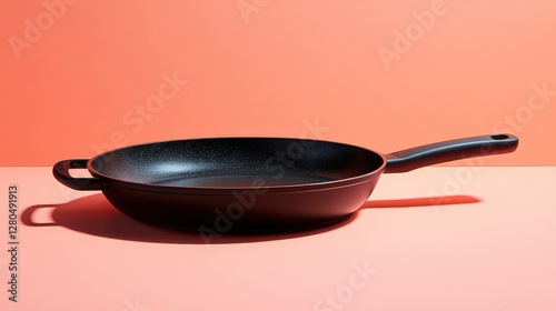 Griddle pan with flat surface and long handle on pale peach background