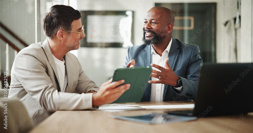 Office, men and business people with tablet for meeting, investment project and discussion. Teamwork, accountant and financial advisor with feedback for finance update, report review and research Office, men and business people with tablet for meeting, investment project and discussion. Teamwork, accountant and financial advisor with feedback for finance update, report review and research