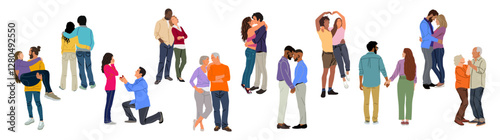 Set of different couples in love, young people, senior couple, homosexual, gay couple, engagement, marriage proposal, African American, multiracial couples. Vector illustration