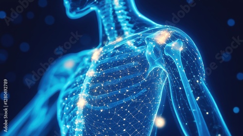 Digital Human Body: A striking digital rendering presents a translucent human figure overlaid with interconnected data points, showcasing the intricate network of the human anatomy.
