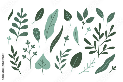 Fresh herbs concept. Cute hand drawn herbs, leaves, branches. Vector cartoon icons, stickers isolated on white background. Herbs collection. Spring herbs, leaves.