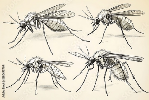 Detailed mosquito illustrations, various angles, vintage style background