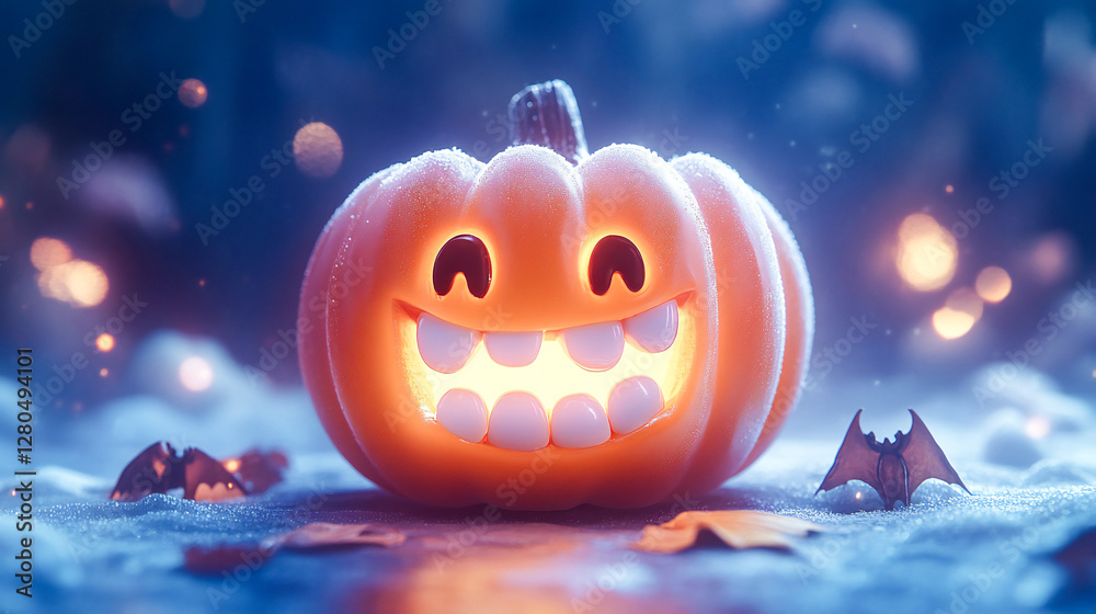 Naklejka premium Halloween background with pumpkin and bats and cute teeth/dental clinic in hallloween theme/poster