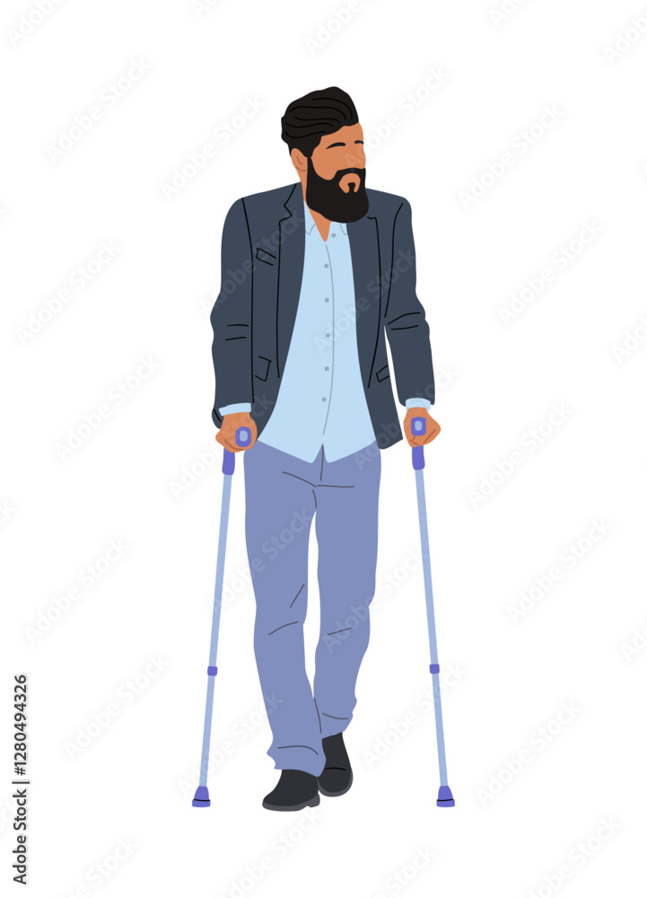 Business Man walking with crutches. Handsome hipster man with physical disabilities or leg injuery. Inclusive business concept. Cartoon male character vector illustration isolated Business Man walking with crutches. Handsome hipster man with physical disabilities or leg injuery. Inclusive business concept. Cartoon male character vector illustration isolated
