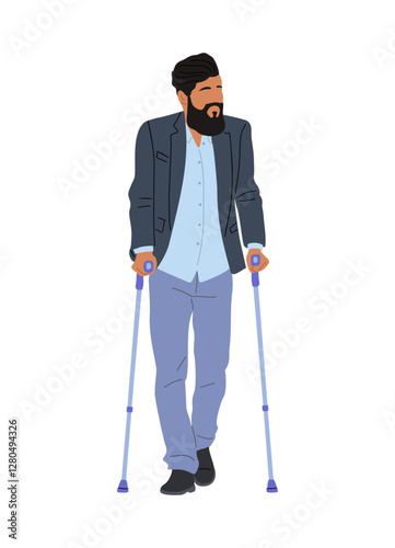 Business Man walking with crutches. Handsome hipster man with physical disabilities or leg injuery. Inclusive business concept. Cartoon male character vector illustration isolated