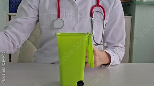Doctor demonstrates proper disposal of medication in a recycling bin for health safety and environmental impact