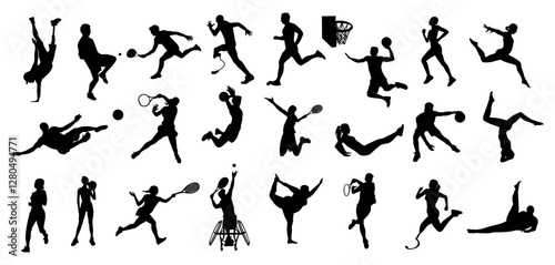 Silhouettes of different men, women, disabled persons performing various sport activities. Bundle of training, exercising people, playing basketball, tennis, football, running. Vector illustrations.