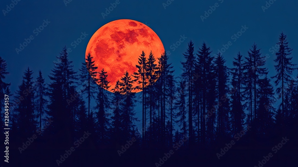 Full red moon back silhouettes of high pine trees in dark blue night sky, Scandinavian forest nearby Full red moon back silhouettes of high pine trees in dark blue night sky, Scandinavian forest nearby