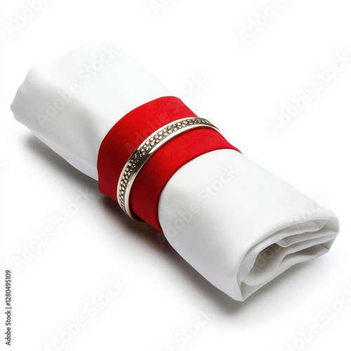 Elegant White Napkin with Decorative Red Band and Ornamental Ring for Fine Dining Occasions