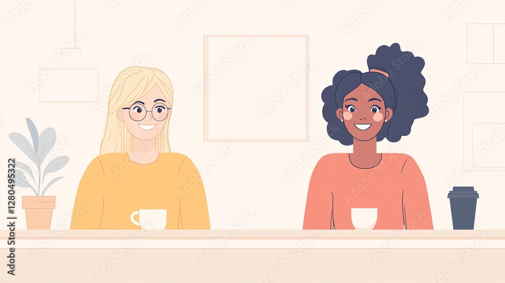 Two Diverse Women Smiling While Enjoying Coffee at a Cafe Table Two Diverse Women Smiling While Enjoying Coffee at a Cafe Table