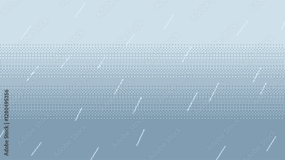 Fototapeta premium Pixel art rain fall on blue gradient background. Rain drops falling backdrop, retro video-game style vector illustration.