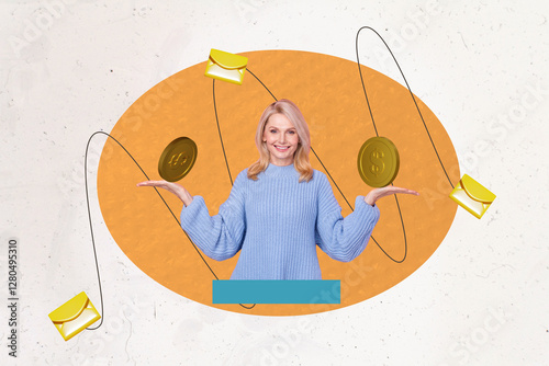3D photo collage template trend artwork sketch of young lady hand hold coins money currency cash wealth finance trade envelope message photo