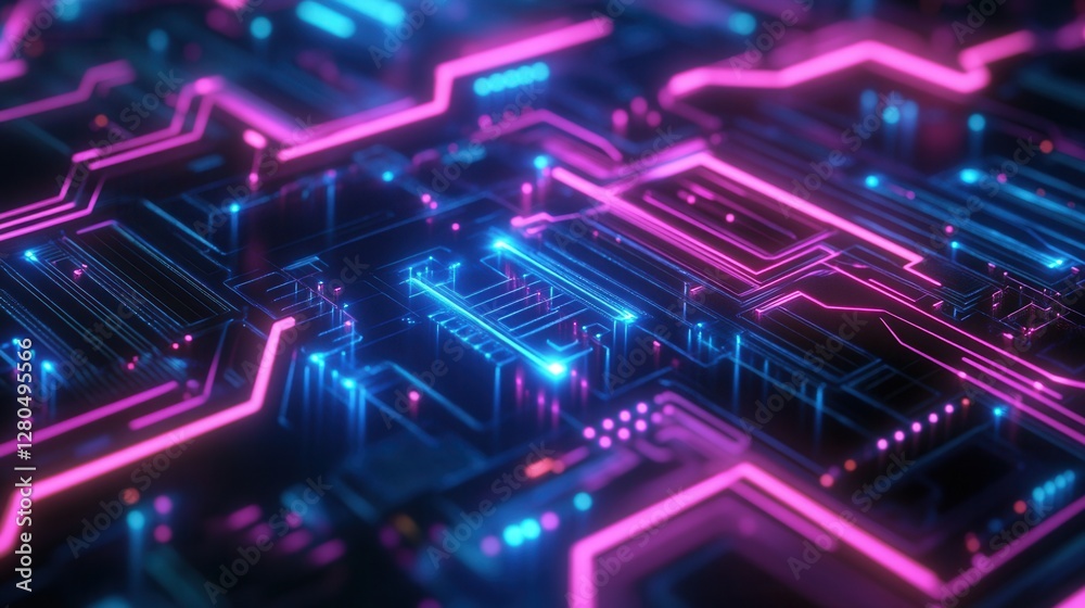 Futuristic Circuit Board with Glowing Neon Elements in Dark Space Futuristic Circuit Board with Glowing Neon Elements in Dark Space