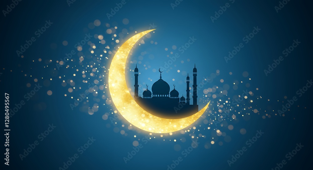 Naklejka premium Golden Crescent Moon Mosque Night Sky Ramadan Eid