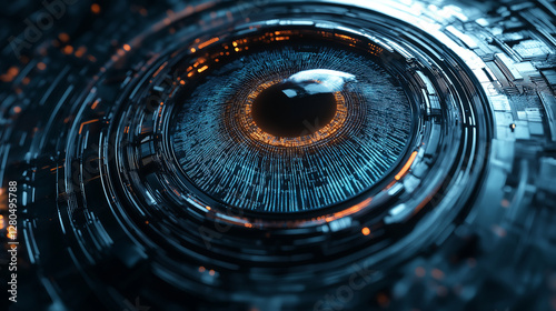 High-Tech Cybernetic Eye with Concentric Glowing Patterns and Fiery Orange Center Representing AI. Generative Ai photo