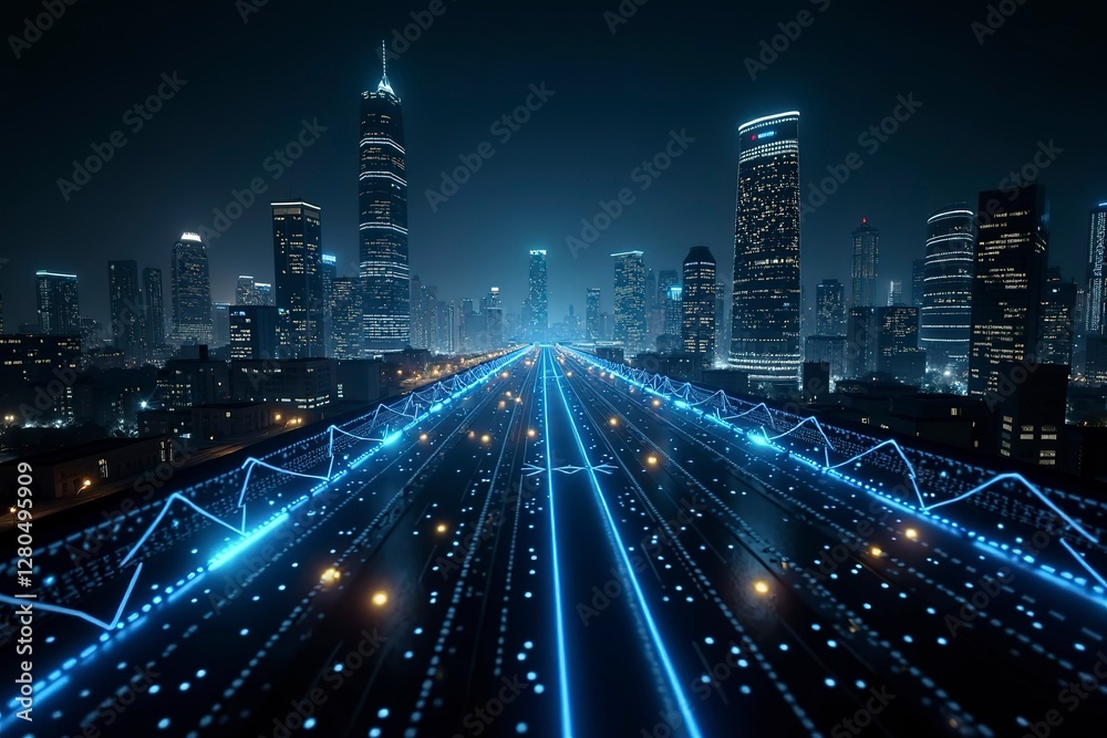 Futuristic cityscape with glowing structures and digital pathways, showcasing advanced urban innovation. Futuristic cityscape with glowing structures and digital pathways, showcasing advanced urban innovation.