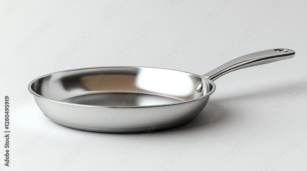 Sleek stainless steel frying pan with an ergonomic handle on a white background Sleek stainless steel frying pan with an ergonomic handle on a white background