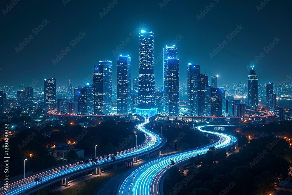 Fototapeta premium Futuristic cityscape with glowing structures and digital pathways, showcasing advanced urban innovation.