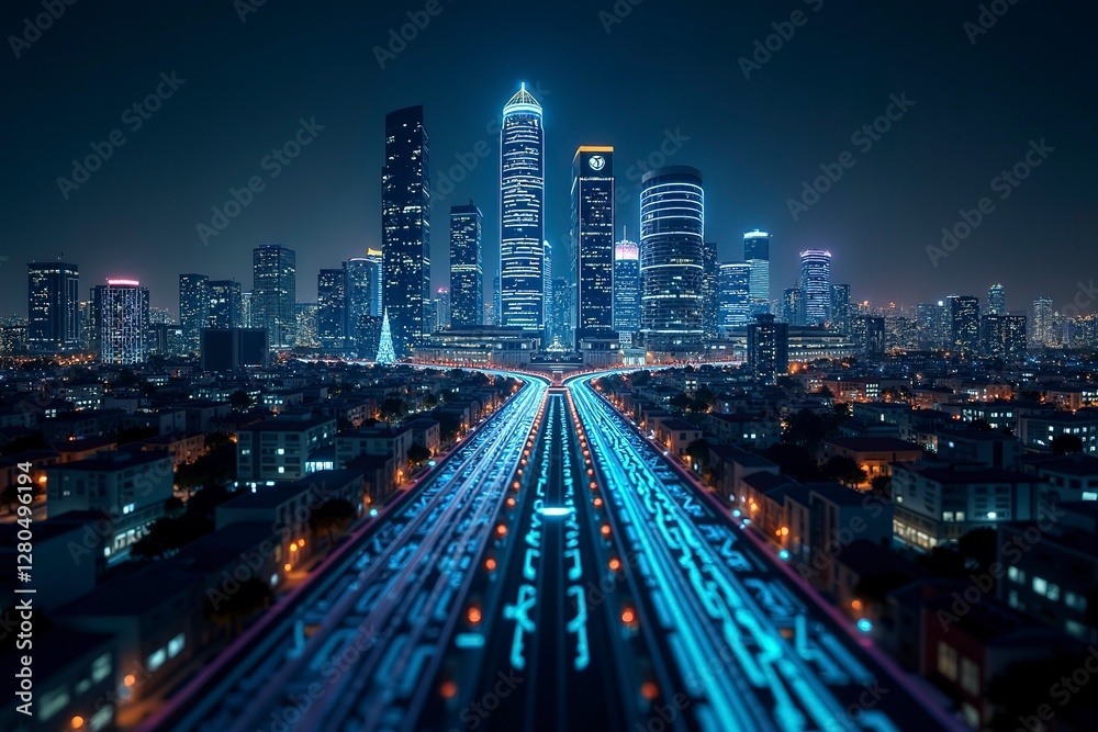 Obraz premium Futuristic cityscape with glowing structures and digital pathways, showcasing advanced urban innovation.