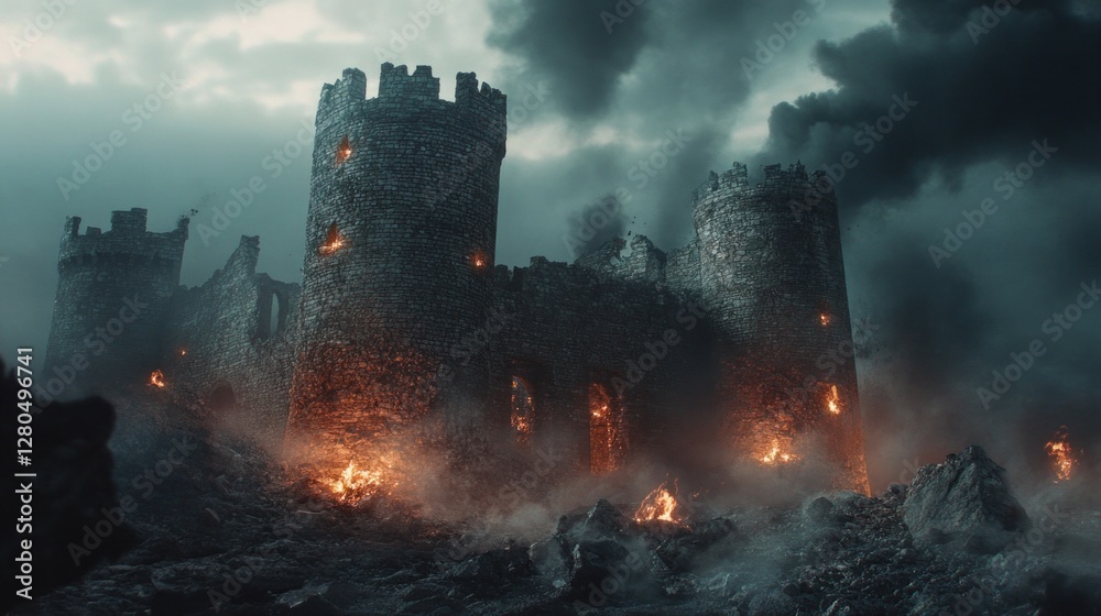 Fototapeta premium Ruined medieval castle besieged by fire under a dramatic cloudy sky