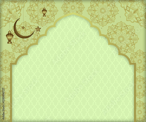 Islamic banner background | Abstract Texture background with moon, star, lamp, pattern | Floral modern background for greeting, Ramadan, Eid, flyer, futuristic, Calendar with light olive color