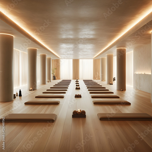 Serene Yoga Studio: A meticulously designed yoga studio bathed in soft, natural light. Featuring neat rows of yoga mats, candles, and minimalist decor, it's a sanctuary of peace and wellness.