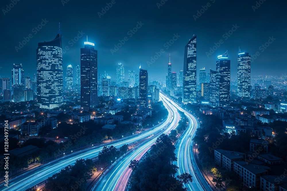 Futuristic cityscape with glowing structures and digital pathways, showcasing advanced urban innovation. Futuristic cityscape with glowing structures and digital pathways, showcasing advanced urban innovation.