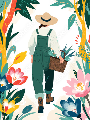  He wears a straw hat, green gardeners overalls, and sturdy boots, carrying a basket overflowing with vibrant flowers