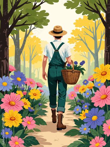  He wears a straw hat, green gardeners overalls, and sturdy boots, carrying a basket overflowing with vibrant flowers