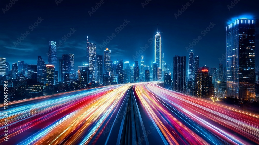 A mesmerizing view of a night cityscape with vibrant light trails from the road below showing dynamic urban movement A mesmerizing view of a night cityscape with vibrant light trails from the road below showing dynamic urban movement