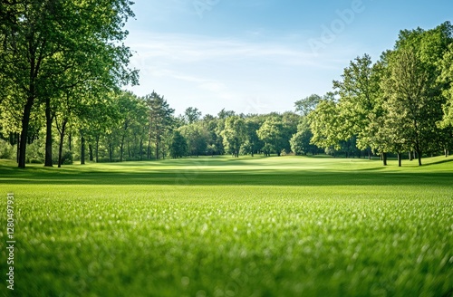 Lush golf course fairway, sunny day, tranquil scenery, perfect for relaxation