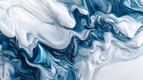 Fototapeta Naklejka Na Ścianę i Meble -  The white and blue liquid ink swirls together, with a realistic texture and great quality for an abstract concept. 3D digital art illustration. abstract background for marble.
