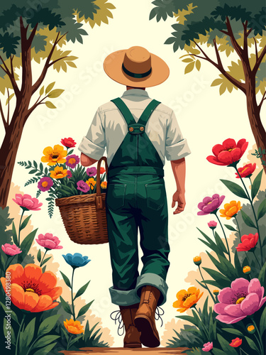  He wears a straw hat, green gardeners overalls, and sturdy boots, carrying a basket overflowing with vibrant flowers