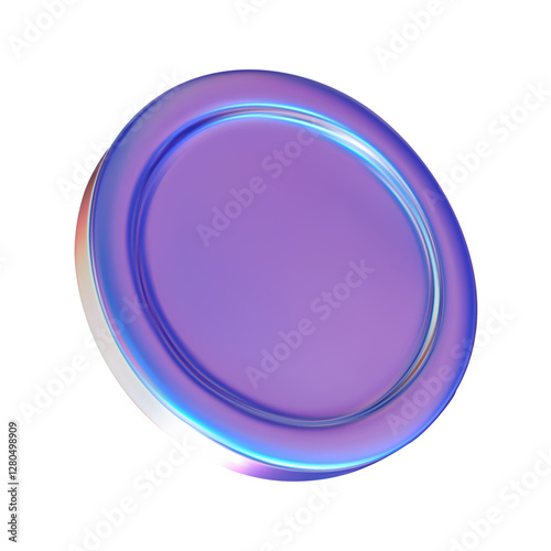 Neon coin isolated on transparent background. 3d holographic primitive shape