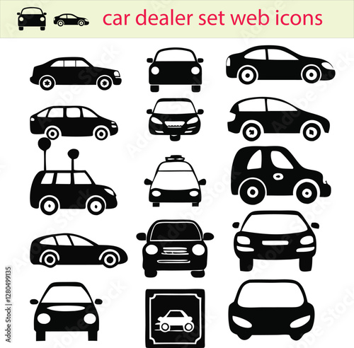 "Car Dealer Set" web icons represent elements related to car sales and services, such as car models, keys, price tags, test drive symbols, and dealership locations. These icons are used to simplify na