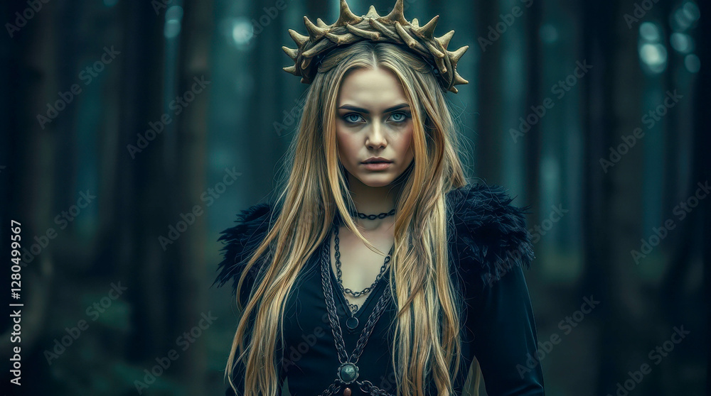 In a dense, dark forest stands a shaman dressed in black robes. Her head is adorned with an ominous crown of bones. In a dense, dark forest stands a shaman dressed in black robes. Her head is adorned with an ominous crown of bones.
