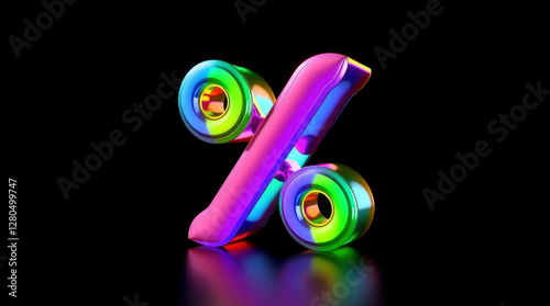 Fototapeta Naklejka Na Ścianę i Meble -  A bright and detailed 3D percent symbol with a transparent, glossy texture. The dark background enhances the contrast, making the image expressive and futuristic