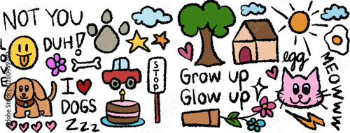 Hand drawn crayon illustrations of puppy, dog's paw, car, tree, house, cake, cat, sun, fried egg, flowers, cloud, star, heart for pet, cartoon character, kid drawing style, nature, garden, environment