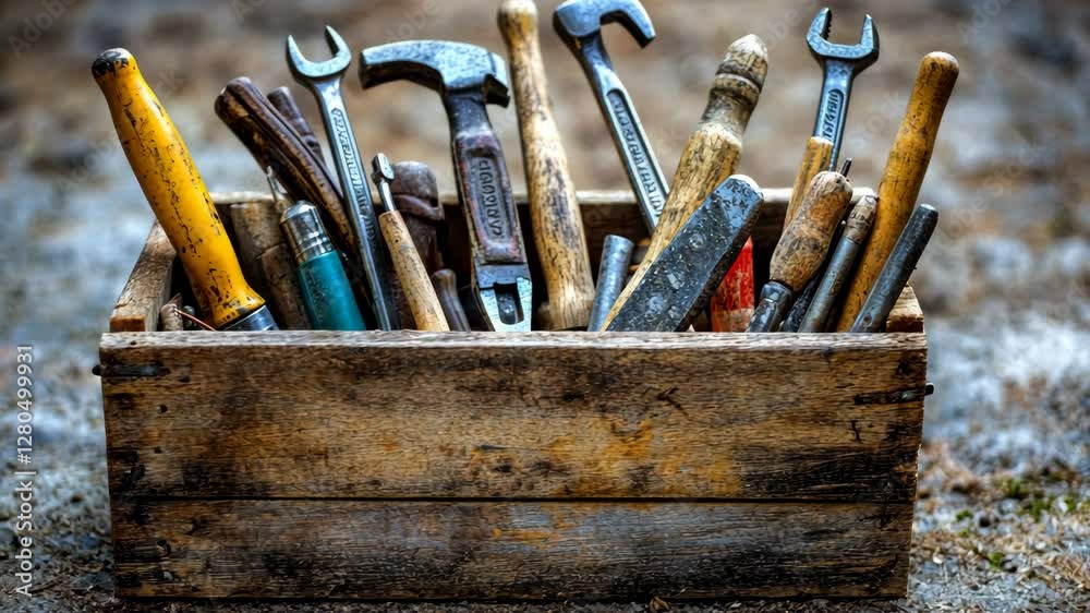 Variety of hand tools arranged in a rustic wooden box on a workbench in a workshop