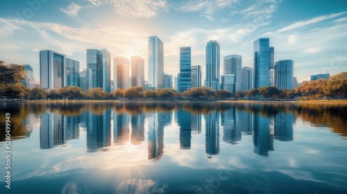 A peaceful lake reflecting the skyscrapers of a thriving business district.