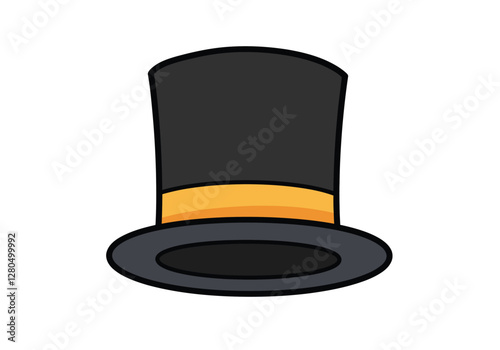 Magician hat clipart. This image shows a black top hat with a yellow band and a wide brim. Vector illustration design.