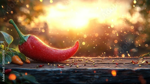 Red chili pepper sunset garden wood table photo