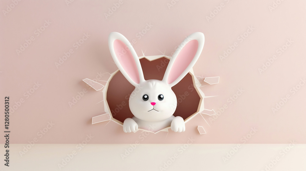Obraz premium Easter bunny peeking out of a hole on cream color background