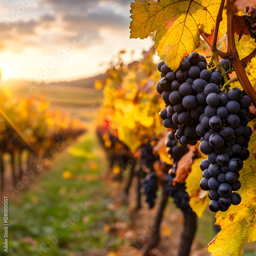 Golden Vineyard Glimpse: A vivid landscape unfolds, with rows of grapevines laden with ripe, dark grapes bask in the warm glow of a setting sun, an emblem of harvest season's abundance.