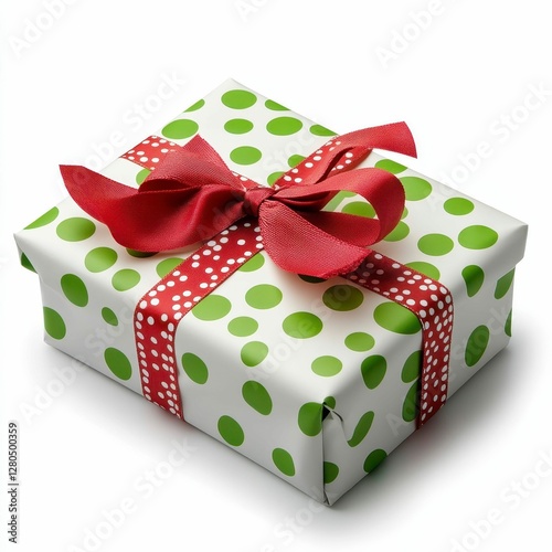 Gift Box Wrapped in Polka Dot Paper with Red Ribbon and Bow for Festive Occasions Celebration photo