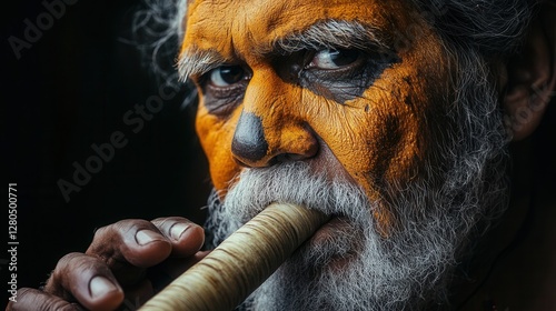 Elderly Man with Colorful Face Paint Playing Traditional Wind Instrument