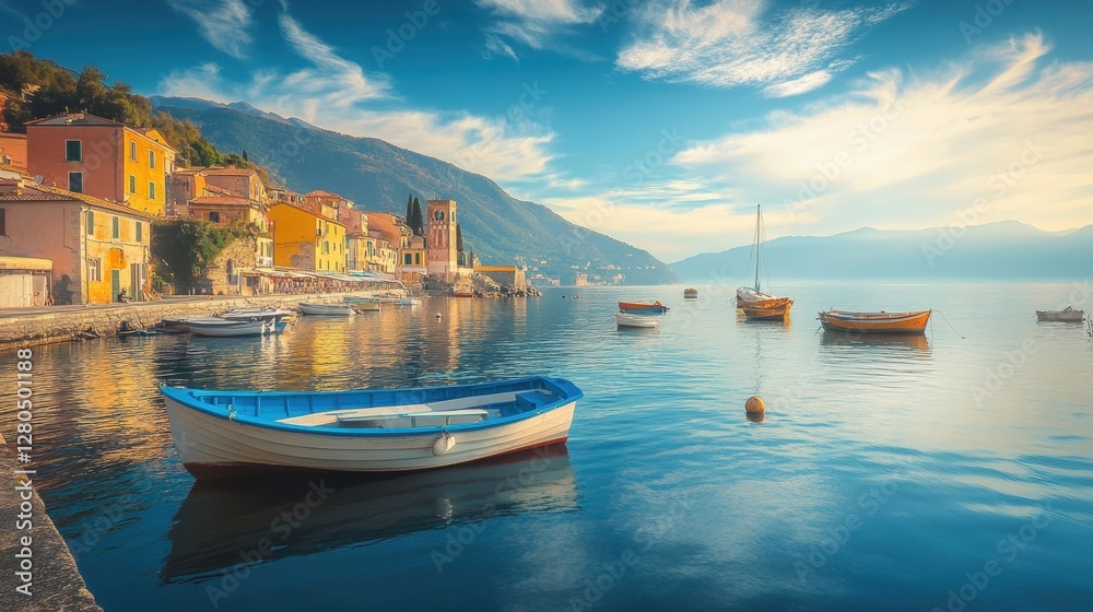 Fototapeta premium A peaceful morning view of an Italian seaside town, with fishing boats floating on the water.