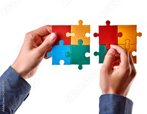 Assembling colorful puzzle pieces by hand isolated on transparent background